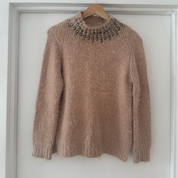ONLY OUR STORY Denmark Brand Mohair Beaded High Neck Knit Sweater Taupe Size M - Picture 1 of 6